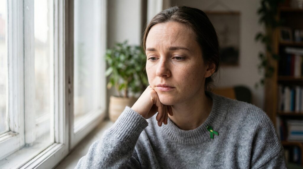 A woman wearing a gray sweater and sitting in front of window looking sad.